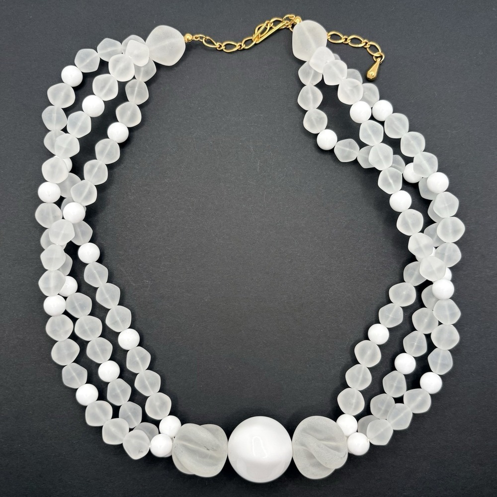 Vintage Frosted White Three Stranded Beaded Gold Tone Necklace 19" Chunky Bold‎